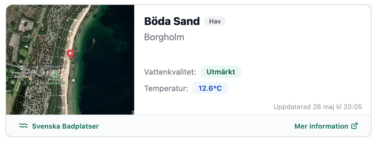 Exempel på Svenska Badplatser-widget som visar Böda Sand med vattenkvalitet och temperatur